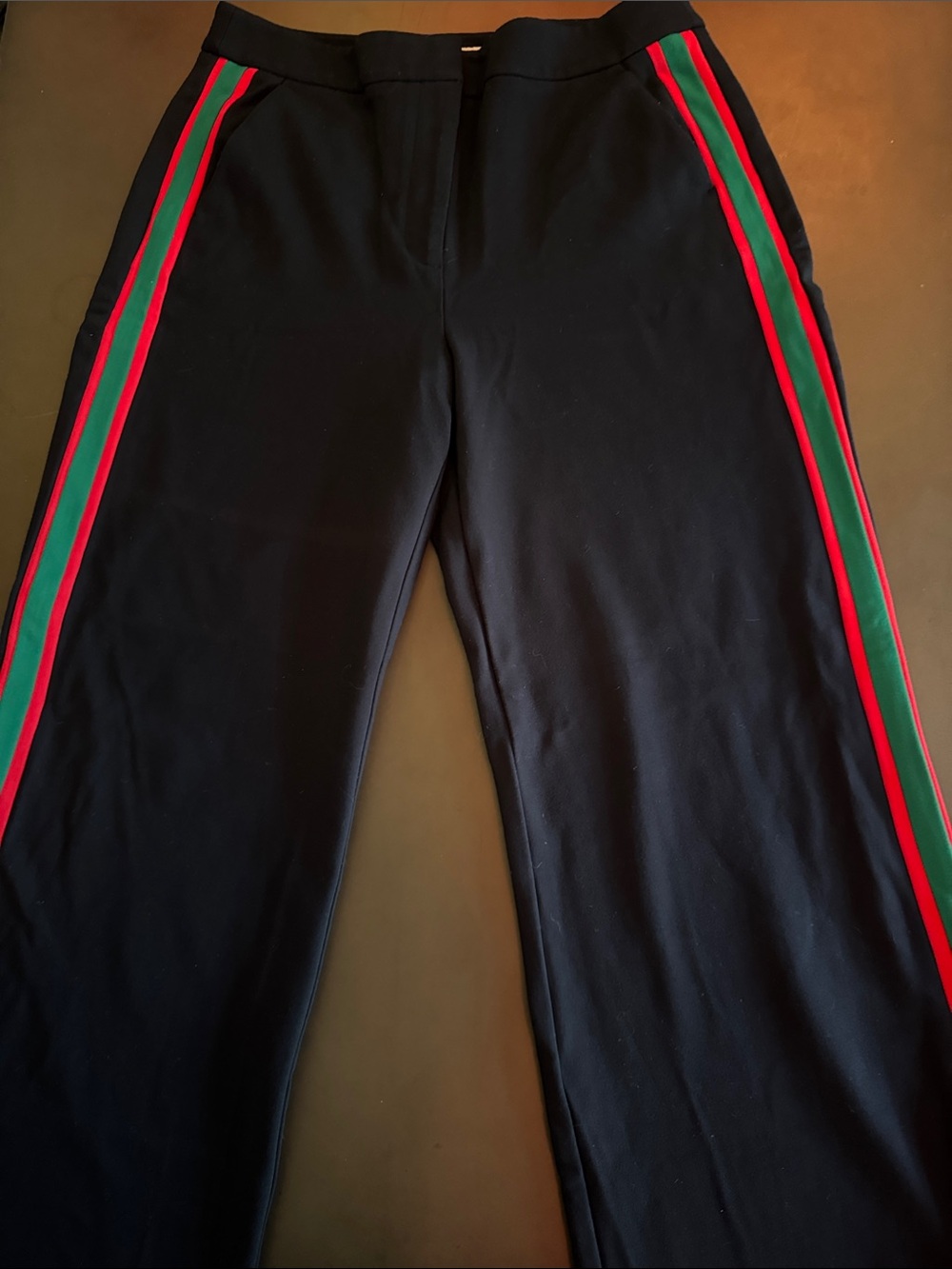 Boden Black Garment with Red and Green Trim. Wide leg with zip ankle detail. - Picture 3 of 5